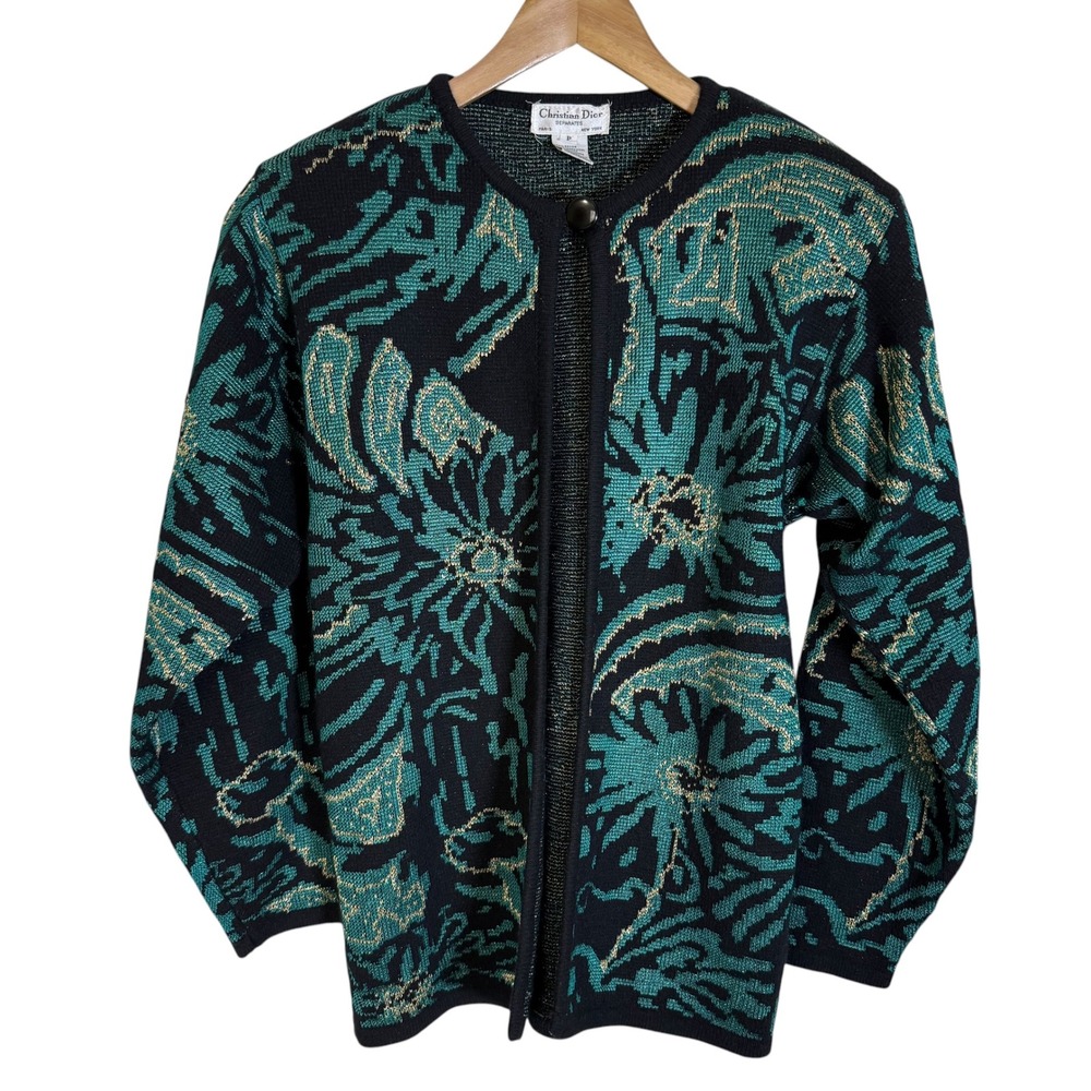 Christian Dior Cardigan Women P Black Teal Gold Excellent Vintage 80s Floral